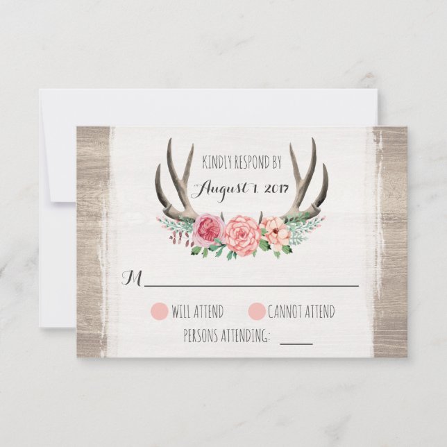 Floral Antlers Rustic Wedding Personalized RSVP Card (Front)