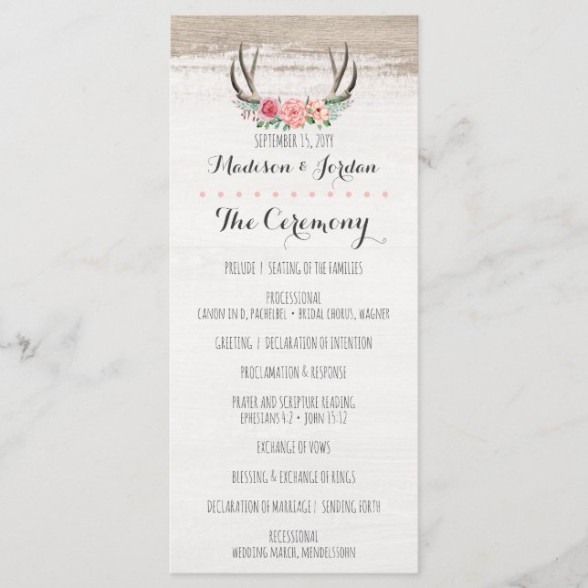 Floral Antlers Rustic Wedding Program Schedule (Front)