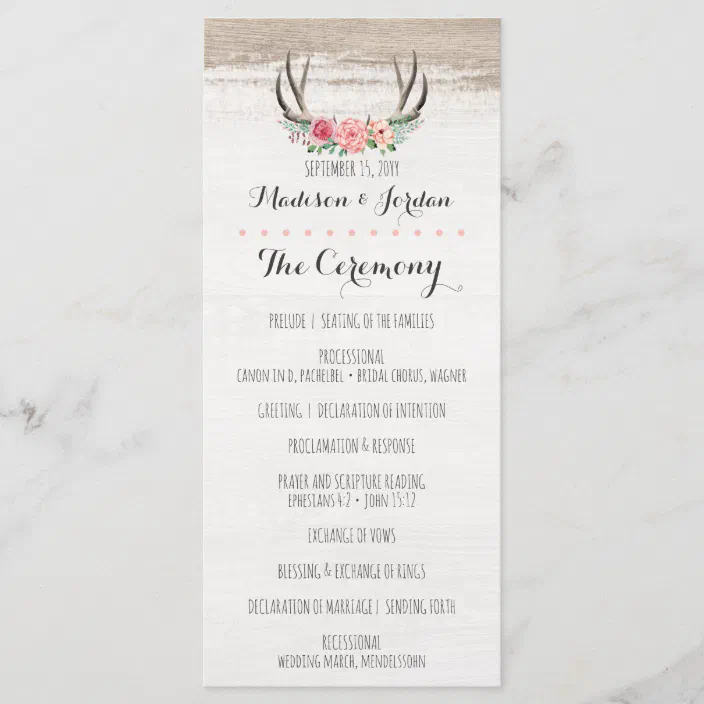 Floral Antlers Rustic Wedding Program Schedule Zazzle Com