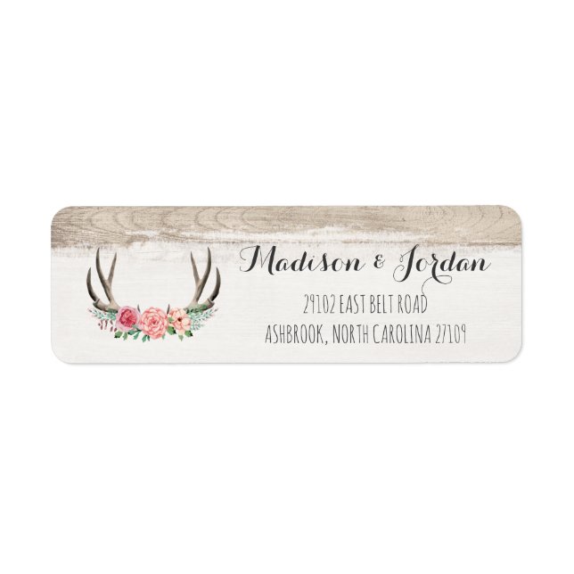 Floral Antlers Rustic Wood Custom Wedding Label (Front)