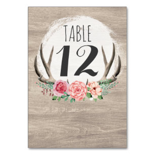 Floral Antlers Rustic Wood Custom Wedding Table Number