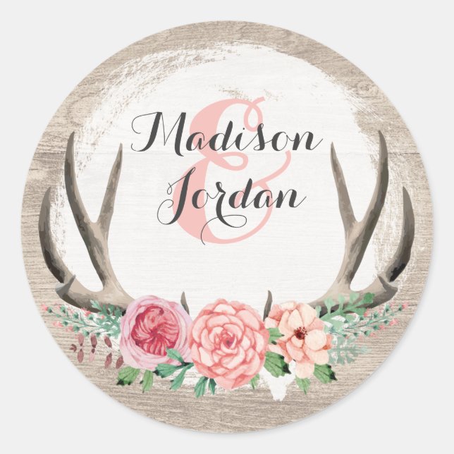 Floral Antlers Rustic Wood Wedding Personalized Classic Round Sticker (Front)