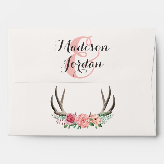 Floral Antlers Rustic Wood Wedding Personalized Envelope