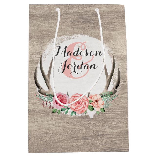 Floral Antlers Rustic Wood Wedding Personalized Medium Gift Bag (Front)