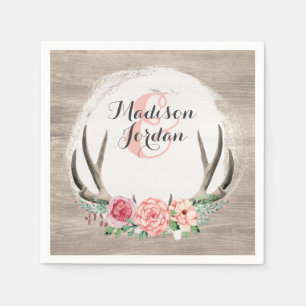 Floral Antlers Rustic Wood Wedding Personalized Napkins