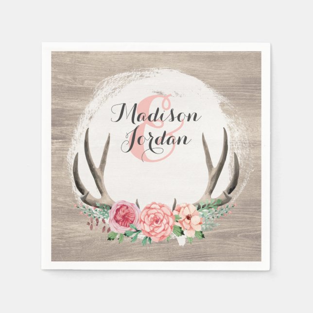 Floral Antlers Rustic Wood Wedding Personalized Napkins (Front)