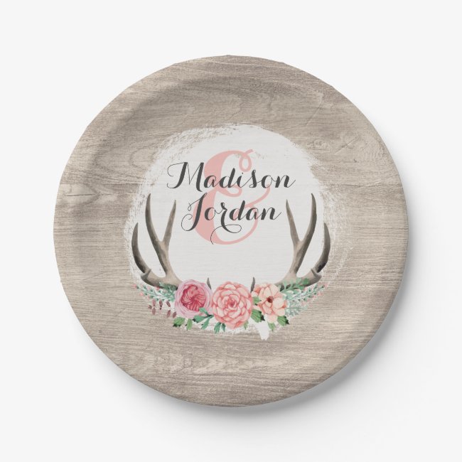 Floral Antlers Rustic Wood Wedding Personalized Paper Plate