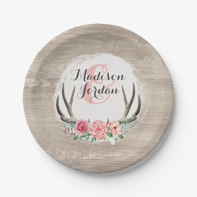 Floral Antlers Rustic Wood Wedding Personalized Paper Plate