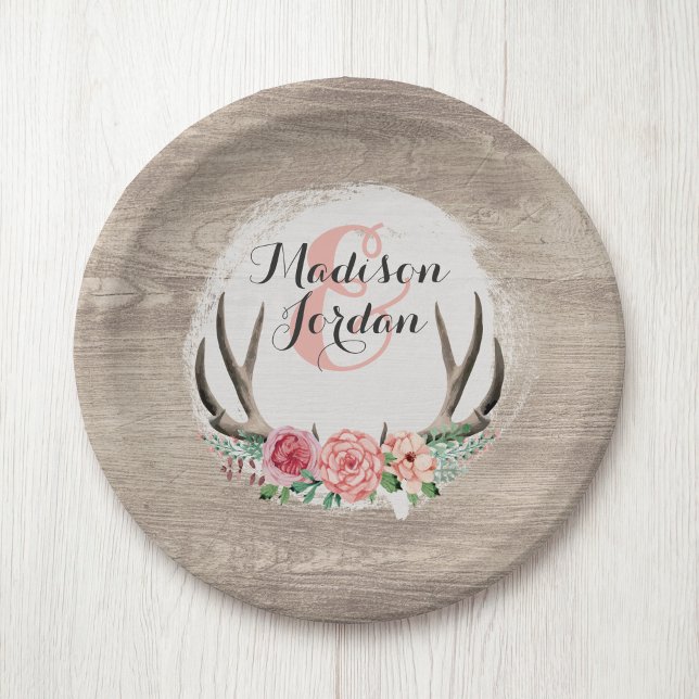 Floral Antlers Rustic Wood Wedding Personalized Paper Plates (Creator Uploaded)
