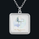 *~* Floral AP35 Communion Christian Confirmation Silver Plated Necklace<br><div class="desc">(( search id AP35 for similar designs )) SIMPLE MINIMAL Design. BLUE floral bouquet on cross / crucifix SQUARE SHAPE The background is WHITE. The text font is fancy , elegant and sophisticated calligraphy script. The design is very SIMPLE and MINIMAL. Religious Catholic Christian blessed Cross design with a BLUE...</div>