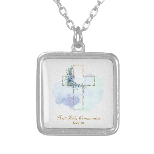 *~* Floral AP35 Communion Christian Confirmation Silver Plated Necklace (Front)