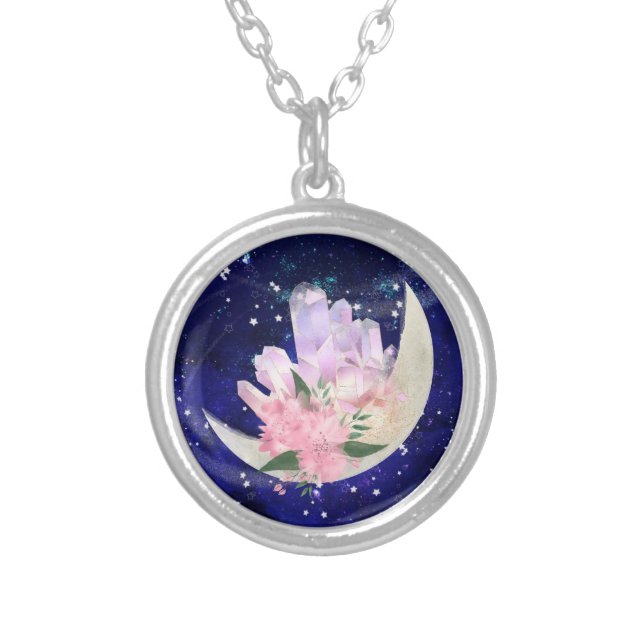 *~* Floral AP40 Moon Crystals Mystic OMBRE Glitter Silver Plated Necklace (Front)