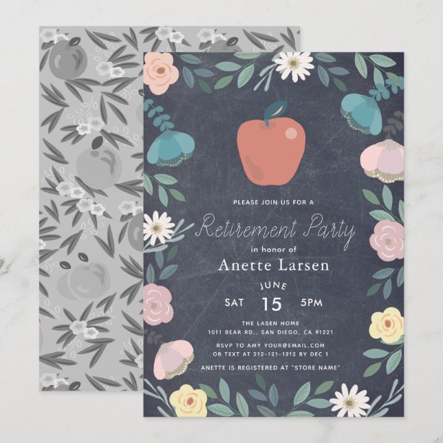 Floral Apple Chalkboard Teacher Retirement Invitation (Front/Back)