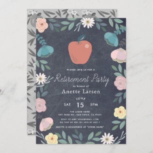 Floral Apple Chalkboard Teacher Retirement Invitation