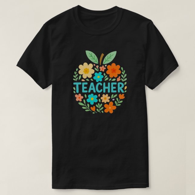 Floral Apple Teacher Design T-Shirt (Design Front)