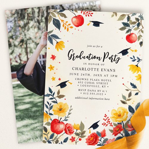 Floral Apple Teacher Graduation Party Invite