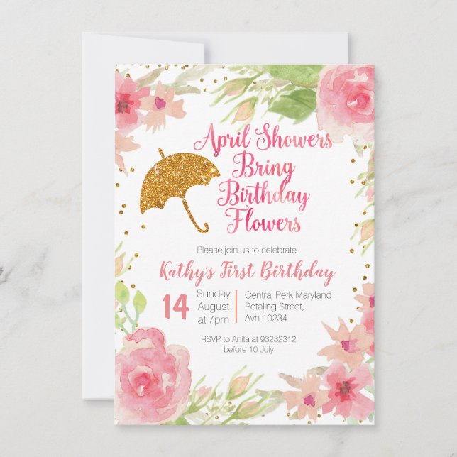 Floral April Showers Bring Birthday Flowers Invitation (Front)