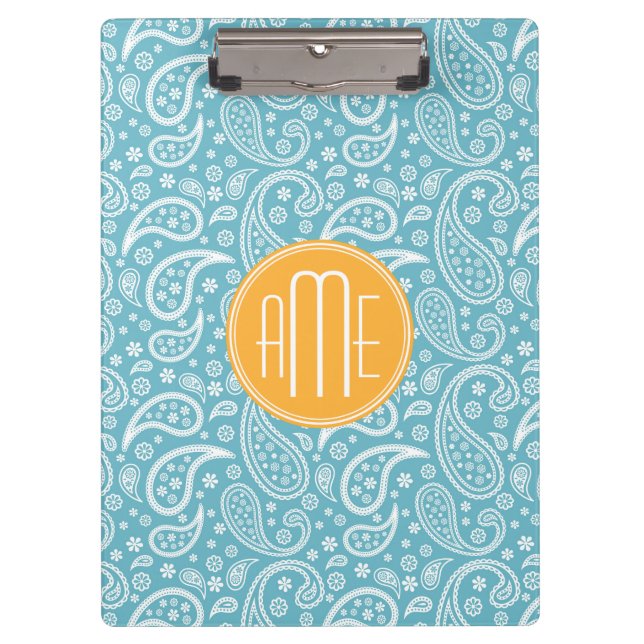Floral Aqua Blue Paisley Pattern & Yellow Monogram Clipboard (Front)