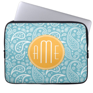 Floral Aqua Blue Paisley Pattern & Yellow Monogram Laptop Sleeve