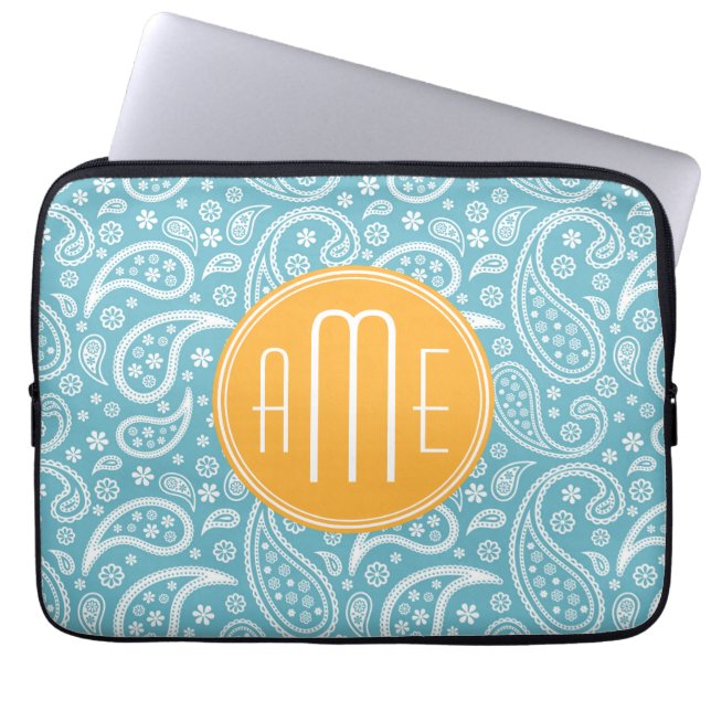 Floral Aqua Blue Paisley Pattern & Yellow Monogram Laptop Sleeve (Front)