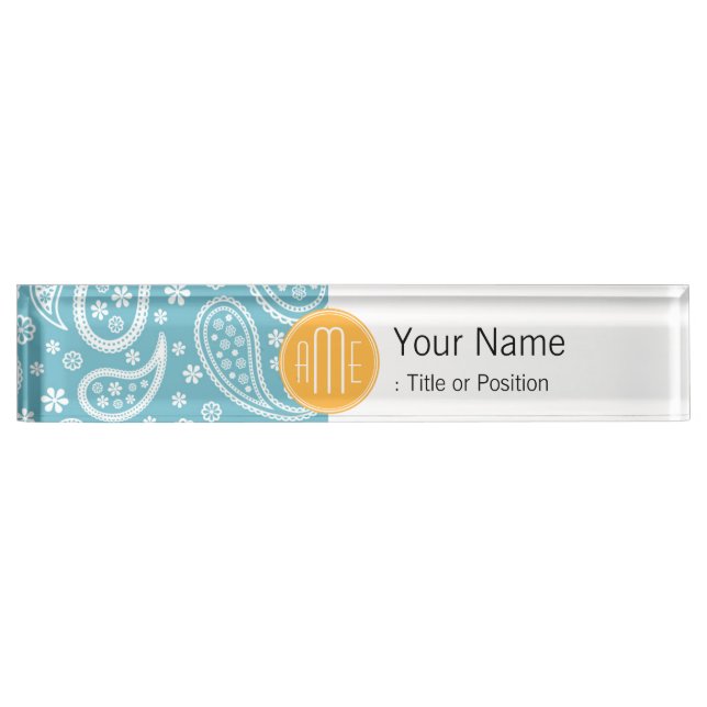 Floral Aqua Blue Paisley Pattern & Yellow Monogram Nameplate (Front)