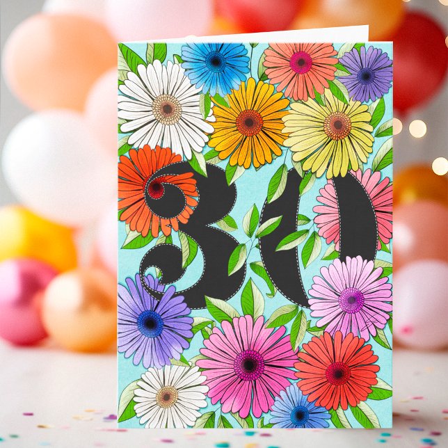 Floral Aqua Blue Personalized 30th Birthday Card (Creator Uploaded)
