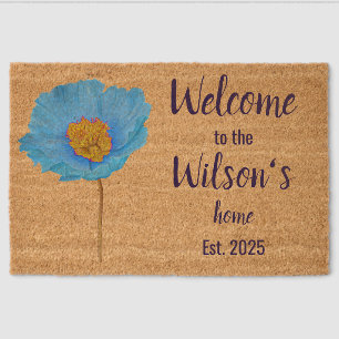 Floral Aqua blue Poppies Family Welcome Coir Mat