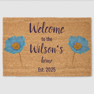 Floral Aqua blue Poppies Family Welcome Coir Mat