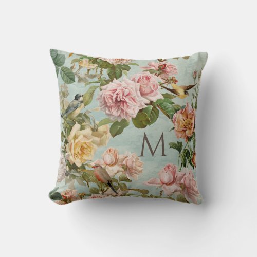 Floral Aqua Mint Rose Vintage Elegant Monogram Throw Pillow