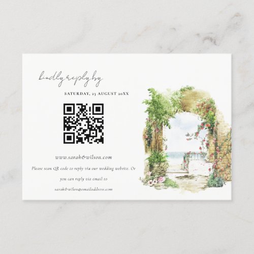 Floral Arch Beach Seascape Wedding QR Code RSVP Enclosure Card