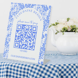 Floral Arch Blue White SCAN TO PAY QR CODE Pedestal Sign