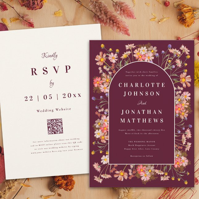 Floral Arch Burgundy Burnt Orange Fall Wedding Invitation (Wildflower burgundy terracotta burnt orange fall wedding invitation elegant floral arch and script)