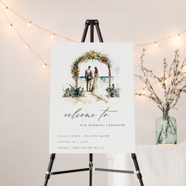 Floral Arch Coastal Beach Seascape Wedding Welcome Foam Board (In Situ (Stand))
