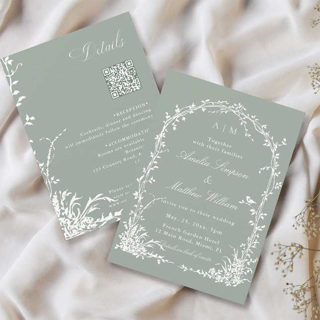 Floral Arch Garden Sage Green All in One Wedding   Invitation (Front & Back)