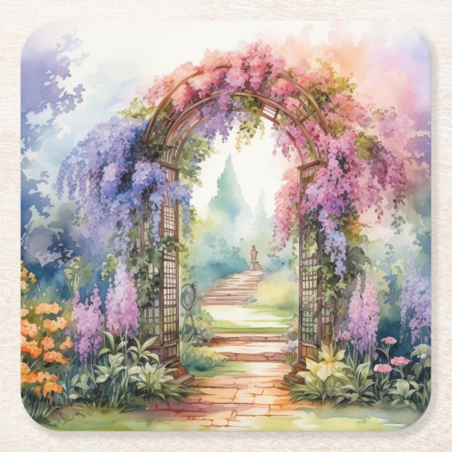 Floral Arch Landscape Square Paper Coaster (Front)