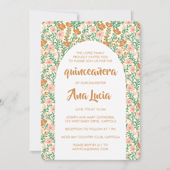 Floral Arch Pink Flower Pattern CUSTOM Quinceañera Invitation (Front)