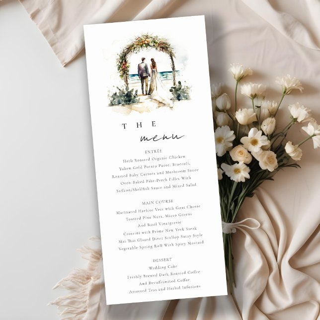 Floral Arch Sand Beach Seascape Wedding Menu Card (Creator Uploaded)