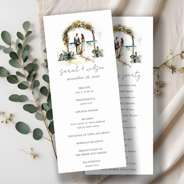 Floral Arch Sand Beach Seascape Wedding Program (Creator Uploaded)