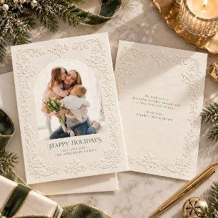 Floral Arch Vintage Baroque Embossed Style Photo Holiday Card