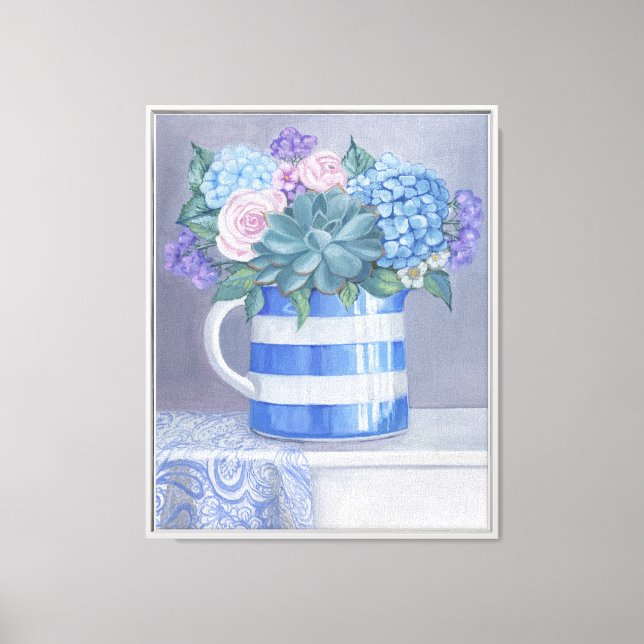 Floral arrangement in blue stripped pitcher canvas print (Front)