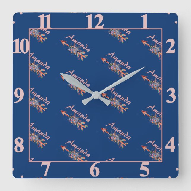 Floral arrows personalized square wall clock (Front)