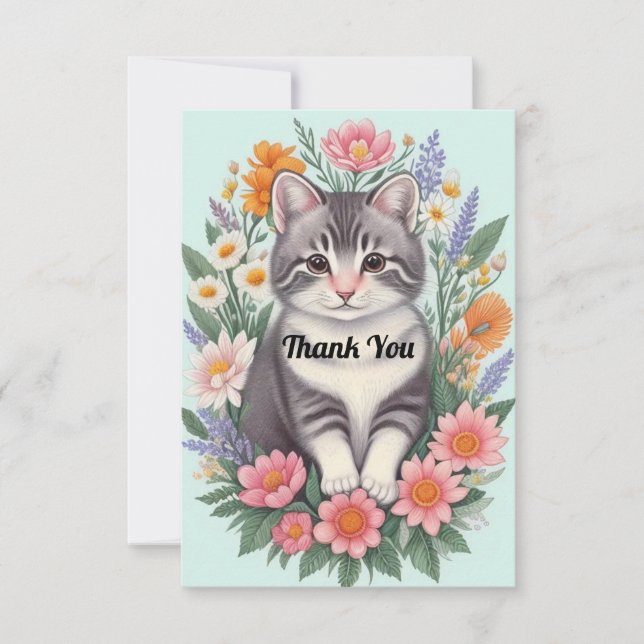 Floral Art And Cat  Thank You Card (Front)