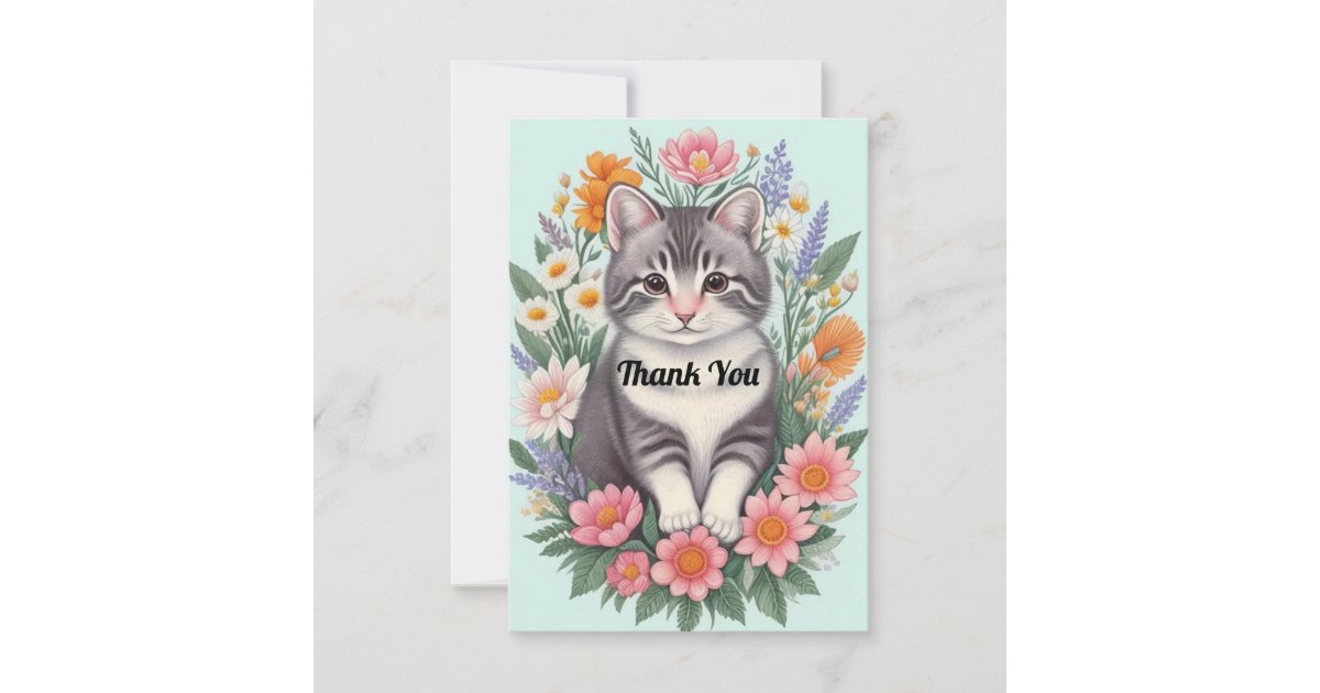 Floral Art And Cat Thank You Card | Zazzle