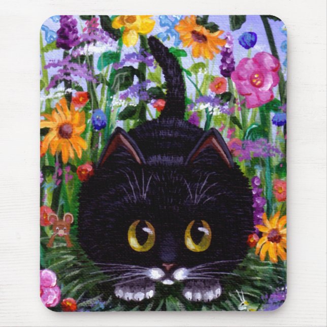 Floral Art Black Tuxedo Cat Flowers Creationarts Mouse Pad (Front)
