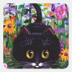 Floral Art Black Tuxedo Cat Flowers Creationarts Square Sticker