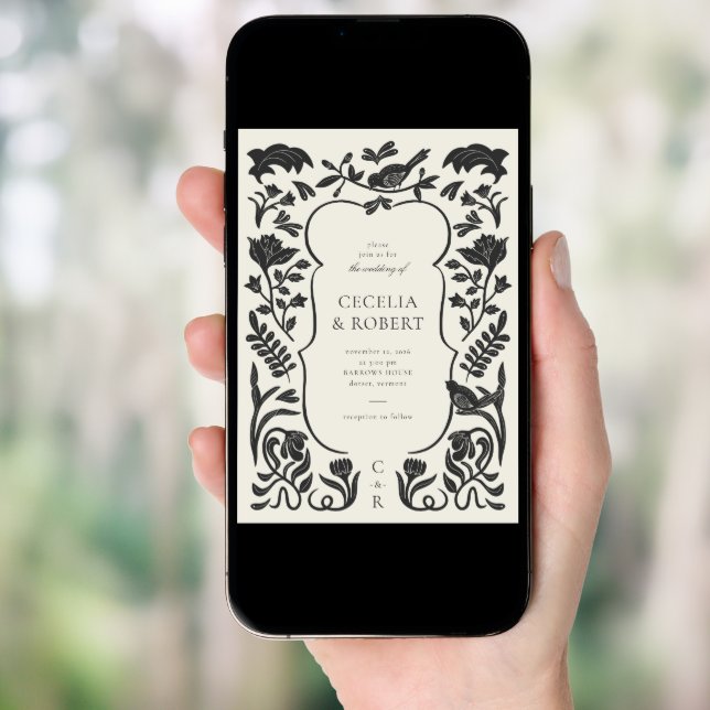 Floral Art Deco Black and Ivory Wedding Invitation (Front Digital)