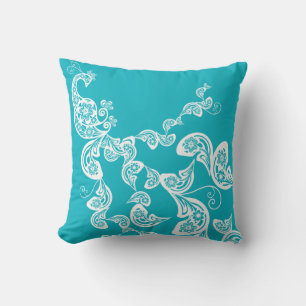 Floral Art Deco Peacock Paisley Chic Turquoise Throw Pillow