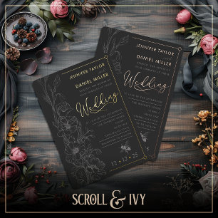 Floral Art Deco Slate & Black Wedding Invitation Foil Invitation