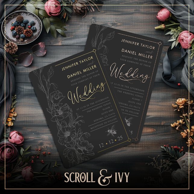 Floral Art Deco Slate & Black Wedding Invitation Foil Invitation (Creator Uploaded)