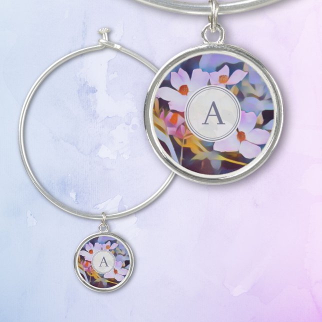 Floral Art in Purple and Blue Bangle Bracelet (Include an initial on this purple and blue customizable bracelet. A pretty personalized present.)